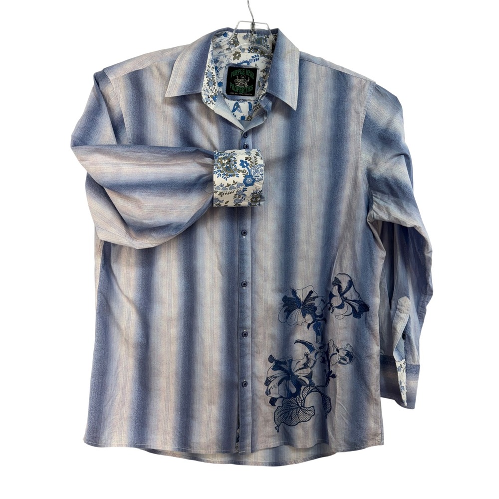 Purple Haze Properties Mens 2XL Blue Stripe Floral Embroidered Shirt (Y1)
